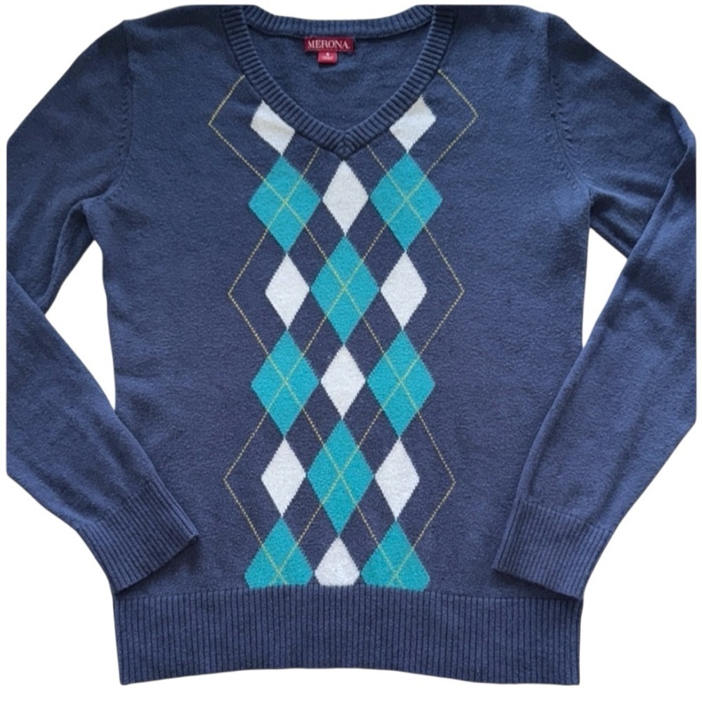 Navy Preppy Argyle Sweater Cotton Wool Angora Blend Ribbed Trim Academia Chic - Picture 2 of 10